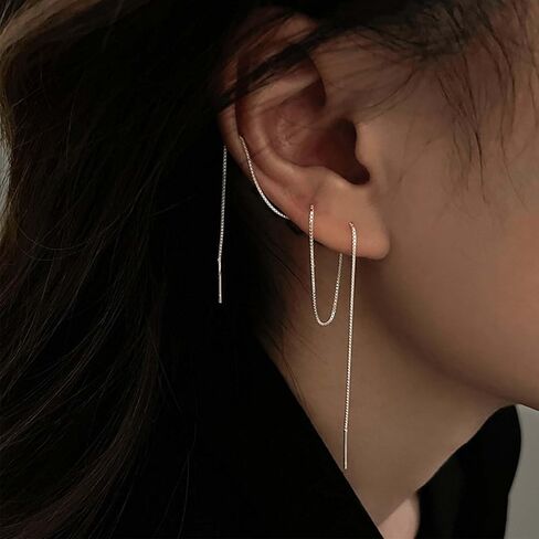 Aneneiceera خمر سلسلة متدلية أقراط فضية طويلة سحب من خلال الأقراط سلسلة رقيقة سلسلة أقراط سلسلة شرابة خيط إسقاط أقراط مجوهرات للنساء والفتيات in Kuwait