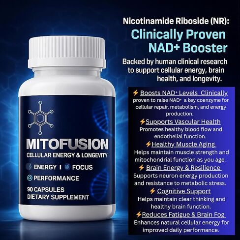 MitoFusion تركيبة كاملة لمكافحة الشيخوخة NAD+ ودعم الميتوكوندريا مع 500 ملغ من نيكوتينوميد ريبوسيد، 250 ملغ من يوروليثين A، 25 ملغ من PQQ، 50 ملغ من أبيجينين. الطاقة | التركيز | طول العمر | الأداء | استعادة in Saudi Arabia
