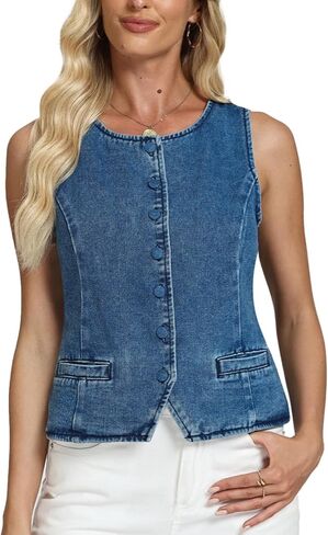 D-Sun Women Denim Vest Sleeveless Crew Neck Button Down Jean Vest Tank Tops Trendy Casual Jean Jacket Waistcoat in Saudi Arabia
