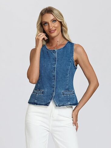 D-Sun Women Denim Vest Sleeveless Crew Neck Button Down Jean Vest Tank Tops Trendy Casual Jean Jacket Waistcoat in Saudi Arabia