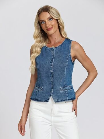 D-Sun Women Denim Vest Sleeveless Crew Neck Button Down Jean Vest Tank Tops Trendy Casual Jean Jacket Waistcoat in Saudi Arabia
