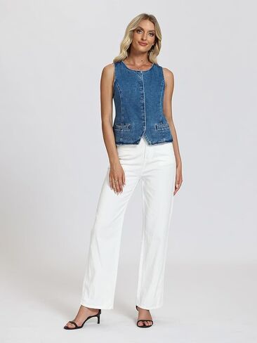 D-Sun Women Denim Vest Sleeveless Crew Neck Button Down Jean Vest Tank Tops Trendy Casual Jean Jacket Waistcoat in Saudi Arabia
