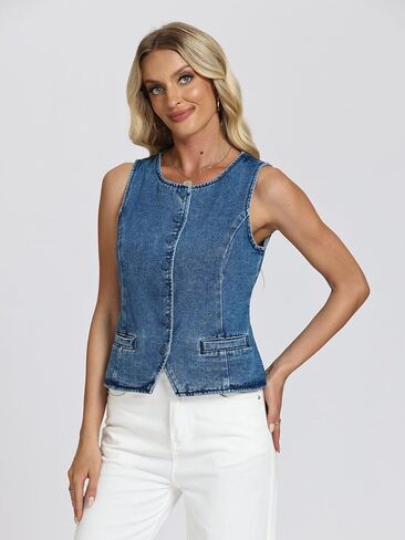 D-Sun Women Denim Vest Sleeveless Crew Neck Button Down Jean Vest Tank Tops Trendy Casual Jean Jacket Waistcoat in Saudi Arabia