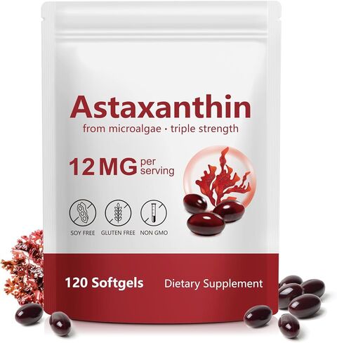AEBEFBAW Astaxanthin 12mg، 120 كبسولة هلامية، مضاد أكسدة أستازانتين ممتاز، طحالب دقيقة طبيعية، دعم صحي متعدد التأثيرات للعين والمفاصل والدورة الدموية الداخلية وصحة الجلد in Kuwait
