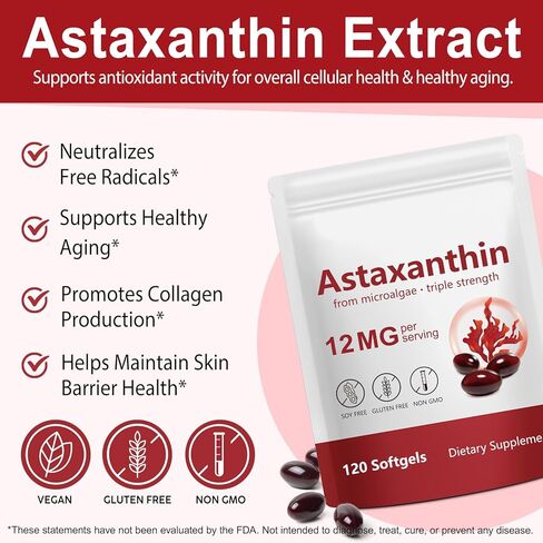 AEBEFBAW Astaxanthin 12mg، 120 كبسولة هلامية، مضاد أكسدة أستازانتين ممتاز، طحالب دقيقة طبيعية، دعم صحي متعدد التأثيرات للعين والمفاصل والدورة الدموية الداخلية وصحة الجلد in Kuwait