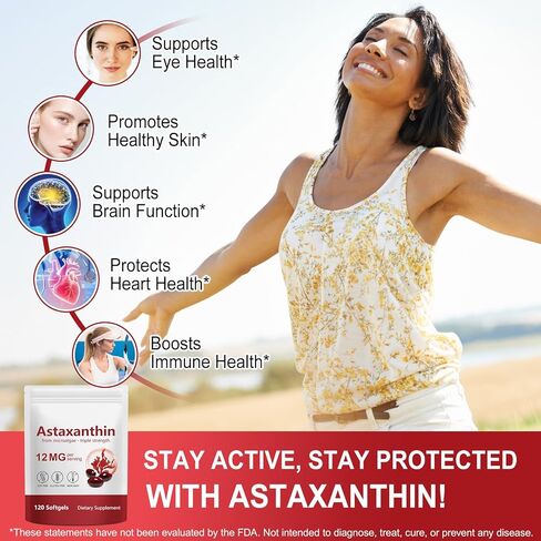 AEBEFBAW Astaxanthin 12mg، 120 كبسولة هلامية، مضاد أكسدة أستازانتين ممتاز، طحالب دقيقة طبيعية، دعم صحي متعدد التأثيرات للعين والمفاصل والدورة الدموية الداخلية وصحة الجلد in Kuwait