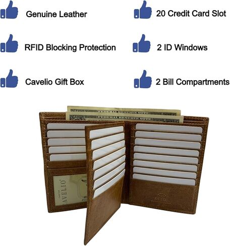 محفظة Cavelio RFID من الجلد الطبيعي ثنائية الطي محب أوروبية للرجال من سلسلة الولايات المتحدة الأمريكية 20 فتحة للبطاقات، مقصورتين للفاتورة، 2 معرف Windows Money (أسمر) in Kuwait