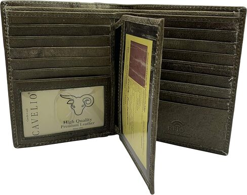 محفظة Cavelio RFID من الجلد الطبيعي ثنائية الطي محب أوروبية للرجال من سلسلة الولايات المتحدة الأمريكية 20 فتحة للبطاقات، مقصورتين للفاتورة، 2 معرف Windows Money (أسمر) in Kuwait