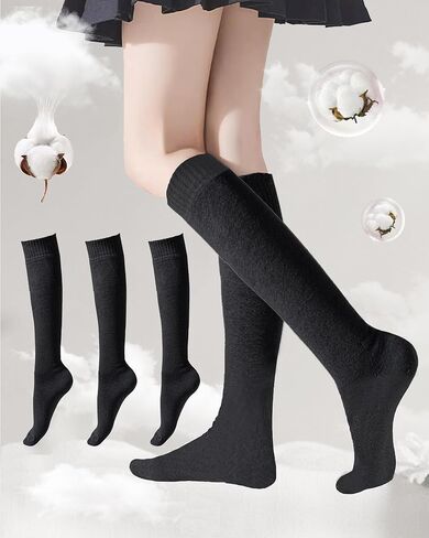 Soft Cotton Knee High Long Socks for Women, Stretchy Knee-High Socks, 3 Pairs with Black, Gray and Navy Blue in Saudi Arabia