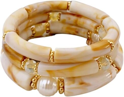 3Pcs Chunky Beaded Bracelets Set Resin Bamboo Tube Curved Stackable Stretch Bracelets Pearl Beaded Cuff Wide Wristband Bracelet Set Fashion Jewelry for Women in Saudi Arabia