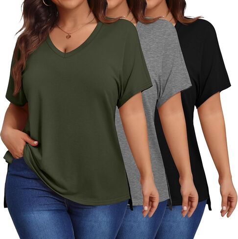 Ficerd 3 Pack Plus Size V Neck T-Shirts for Women, Short Sleeve Split Side High Low Hem Tunics Tops Basic Summer Tee Blouses in Saudi Arabia