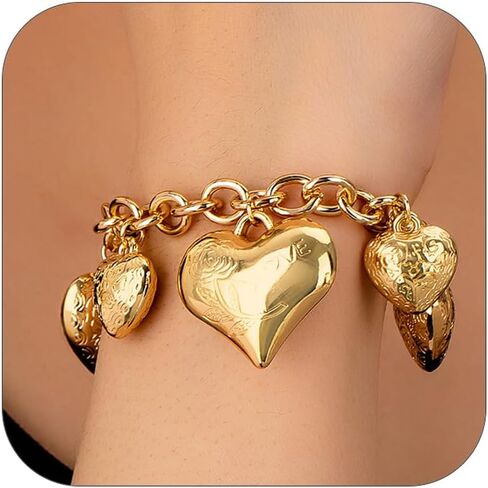Chunky Heart Charm Bracelet For Women Vintage Style Fashion Jewelry Gold Tone Link Chain Design Featuring Multiple Puffy Heart Pendants Engraved Floral Hearts Elegant Statement Wrist Accessory Gift Ready Retro Romantic Aesthetic in Saudi Arabia