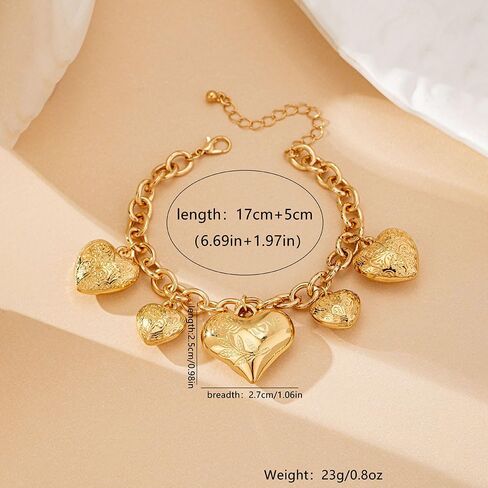 Chunky Heart Charm Bracelet For Women Vintage Style Fashion Jewelry Gold Tone Link Chain Design Featuring Multiple Puffy Heart Pendants Engraved Floral Hearts Elegant Statement Wrist Accessory Gift Ready Retro Romantic Aesthetic in Saudi Arabia