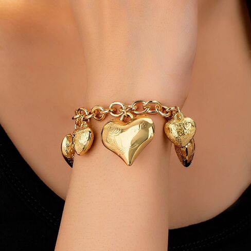 Chunky Heart Charm Bracelet For Women Vintage Style Fashion Jewelry Gold Tone Link Chain Design Featuring Multiple Puffy Heart Pendants Engraved Floral Hearts Elegant Statement Wrist Accessory Gift Ready Retro Romantic Aesthetic in Saudi Arabia