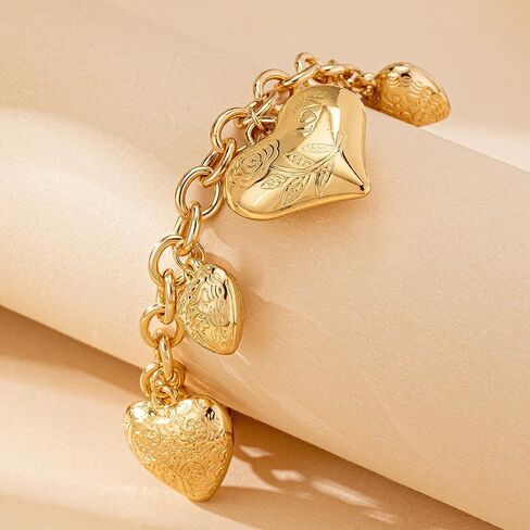 Chunky Heart Charm Bracelet For Women Vintage Style Fashion Jewelry Gold Tone Link Chain Design Featuring Multiple Puffy Heart Pendants Engraved Floral Hearts Elegant Statement Wrist Accessory Gift Ready Retro Romantic Aesthetic in Saudi Arabia