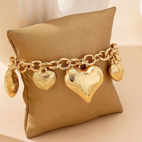 Chunky Heart Charm Bracelet For Women Vintage Style Fashion Jewelry Gold Tone Link Chain Design Featuring Multiple Puffy Heart Pendants Engraved Floral Hearts Elegant Statement Wrist Accessory Gift Ready Retro Romantic Aesthetic in Saudi Arabia
