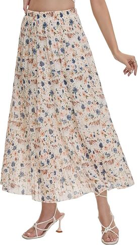 Women Coastal Cowgirl Flowy Maxi Skirts - Boho Summer Chiffon Floral High Waist Pleated A-Line Flared Long Skirt in Kuwait