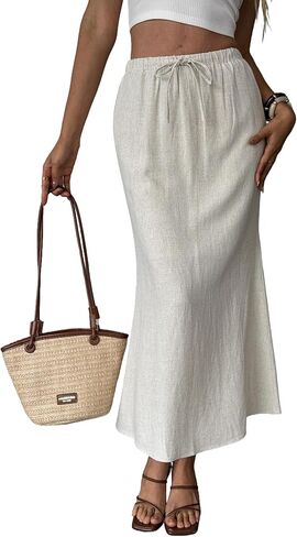 heipeiwa Women's Linen Skirts Summer Long Flared Maxi Skirts Back Slit Casual Vacation Dresses Outfits in Saudi Arabia