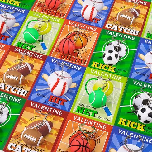Kanmeii 30 Pack Sports Ball Keychain Valentines Day Gifts for Kids Boys, Valentines Day Card and Sport Stress Keychain for Valentine Party Favor School Classroom Exchange Gift Goodie Bag Stuffers in Saudi Arabia