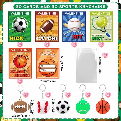 Kanmeii 30 Pack Sports Ball Keychain Valentines Day Gifts for Kids Boys, Valentines Day Card and Sport Stress Keychain for Valentine Party Favor School Classroom Exchange Gift Goodie Bag Stuffers in Saudi Arabia