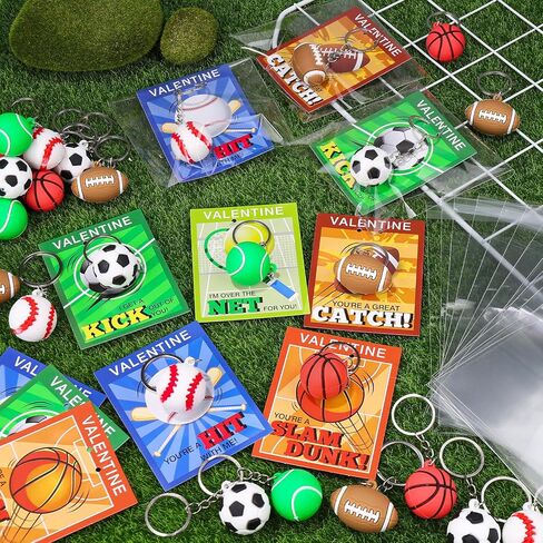 Kanmeii 30 Pack Sports Ball Keychain Valentines Day Gifts for Kids Boys, Valentines Day Card and Sport Stress Keychain for Valentine Party Favor School Classroom Exchange Gift Goodie Bag Stuffers in Saudi Arabia