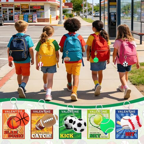 Kanmeii 30 Pack Sports Ball Keychain Valentines Day Gifts for Kids Boys, Valentines Day Card and Sport Stress Keychain for Valentine Party Favor School Classroom Exchange Gift Goodie Bag Stuffers in Saudi Arabia