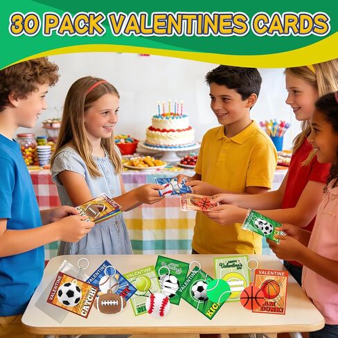 Kanmeii 30 Pack Sports Ball Keychain Valentines Day Gifts for Kids Boys, Valentines Day Card and Sport Stress Keychain for Valentine Party Favor School Classroom Exchange Gift Goodie Bag Stuffers in Saudi Arabia
