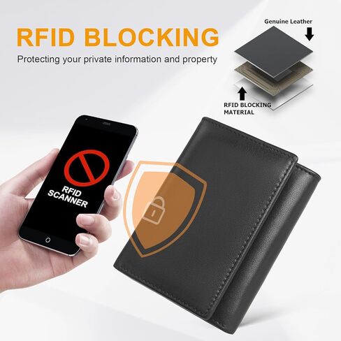 Genuine Leather Trifold Wallet for Men, Rfid Blocking Mens Wallets with ID Window (Black) in Saudi Arabia