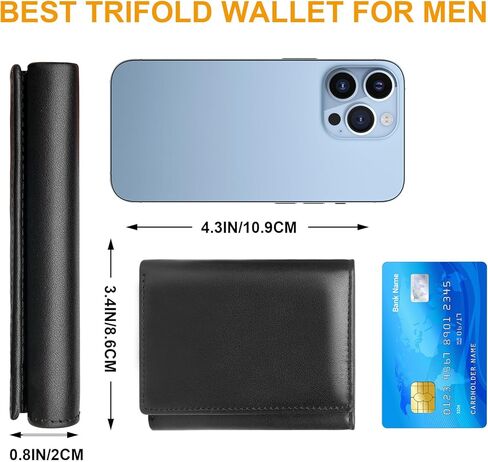 Genuine Leather Trifold Wallet for Men, Rfid Blocking Mens Wallets with ID Window (Black) in Saudi Arabia