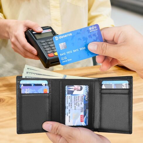 Genuine Leather Trifold Wallet for Men, Rfid Blocking Mens Wallets with ID Window (Black) in Saudi Arabia