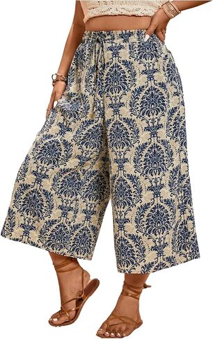 MakeMeChic Women's Plus Size Boho Pants Floral Wide Leg High Waist Elastic Palazzo Pant Summer Vacation in Kuwait