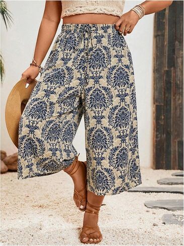 MakeMeChic Women's Plus Size Boho Pants Floral Wide Leg High Waist Elastic Palazzo Pant Summer Vacation in Saudi Arabia