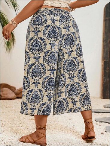 MakeMeChic Women's Plus Size Boho Pants Floral Wide Leg High Waist Elastic Palazzo Pant Summer Vacation in Saudi Arabia