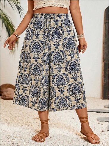 MakeMeChic Women's Plus Size Boho Pants Floral Wide Leg High Waist Elastic Palazzo Pant Summer Vacation in Saudi Arabia