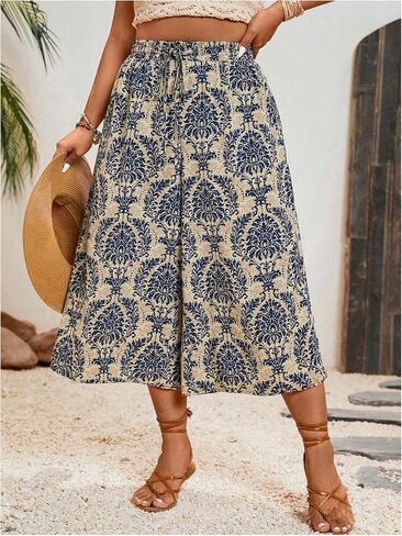 MakeMeChic Women's Plus Size Boho Pants Floral Wide Leg High Waist Elastic Palazzo Pant Summer Vacation in Saudi Arabia