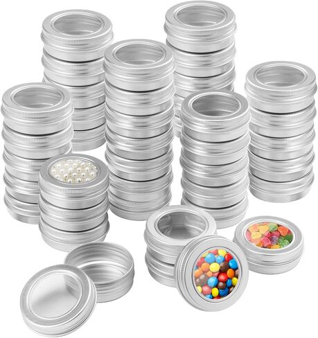 Biugaaufai 48 Pieces 4 oz Tin Cans with Clear Window, Round Metal Tins Screw Top,4 oz Metal Round Cans with Clear Lid for Kitchen Office Candles Candies and Gifts Holding in Saudi Arabia