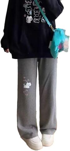 سراويل نسائية لطيفة على شكل قطة Y2k مطبوعة برسوم كارتونية أساسية ملابس شارع مرنة بخصر كاواي كاجوال عصرية in Kuwait