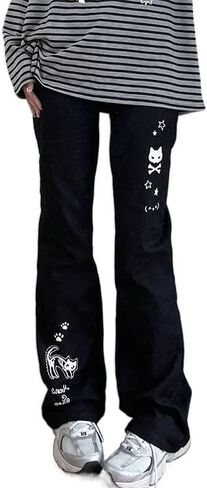 Womens Cute Cat Print Y2k Pants Basic Cartoon Streetwear Elastic Waist Kawaii Casual Fashion Trousers in Saudi Arabia