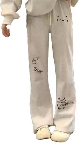 Womens Cute Cat Print Y2k Pants Basic Cartoon Streetwear Elastic Waist Kawaii Casual Fashion Trousers in Saudi Arabia