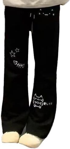 Womens Cute Cat Print Y2k Pants Basic Cartoon Streetwear Elastic Waist Kawaii Casual Fashion Trousers in Saudi Arabia