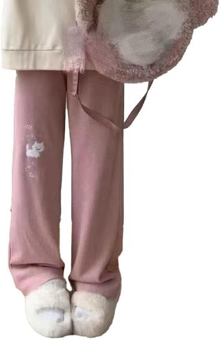 Womens Cute Cat Print Y2k Pants Basic Cartoon Streetwear Elastic Waist Kawaii Casual Fashion Trousers in Saudi Arabia
