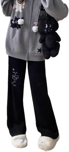 Womens Cute Cat Print Y2k Pants Basic Cartoon Streetwear Elastic Waist Kawaii Casual Fashion Trousers in Saudi Arabia