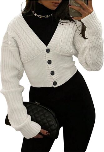 RoseSeek Women's Off Shoulder Cable Knit Cardigans Button Down Cropped Sweater Fall Tops in Saudi Arabia