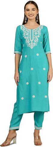 Ladyline Womens Black Kurta مع سراويل مجموعة Chikankari Schiffli مطرزة على فستان تونك Kurti in Saudi Arabia