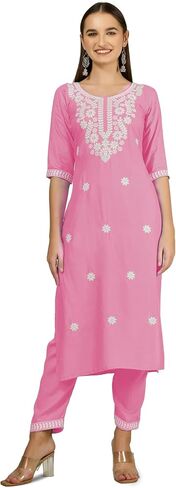 ladyline Womens Black Kurta with Pants Set Chikankari Schiffli Embroidered Kurti Tunic Dress in Saudi Arabia