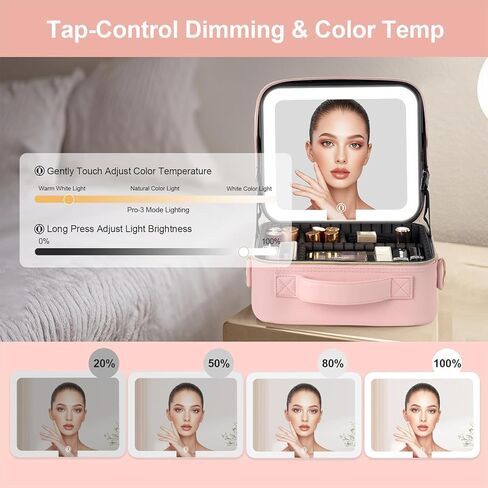 حقيبة مكياج بيوتي كيس مع مرآة بإضاءة LED، حقيبة تنظيم مستحضرات التجميل المحمولة للسفر مقاس 10 بوصة مع فواصل قابلة للتعديل، قابلة لإعادة الشحن، سعة كبيرة، إضاءة ساطعة، هدية للنساء الفتيات، وردي in Saudi Arabia