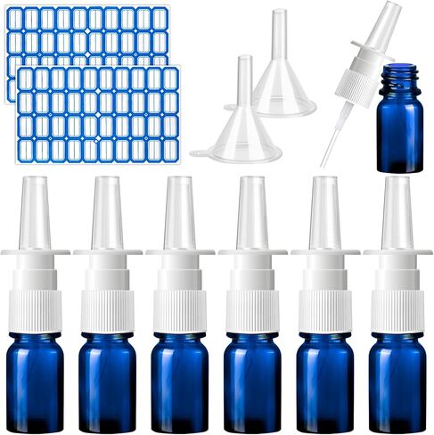 ZHWKMYP 10 Pcs Nasal Spray Bottle, 5ML/0.17OZ 6 Pcs Blue Fine Mist Glass Empty Refillable Nasal Spray Bottle with 2 Funnels and 2 Labels in Saudi Arabia