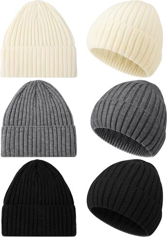 Shihanee 3 Pack Warm Wool Knit Beanie Hats for Women Men Slouchy Ribbed Cuffed Winter Hat for Cold Weather Outdoor Ski Sports, Black Dark Gray Beige in Saudi Arabia
