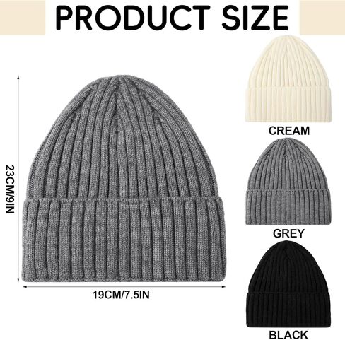 Shihanee 3 Pack Warm Wool Knit Beanie Hats for Women Men Slouchy Ribbed Cuffed Winter Hat for Cold Weather Outdoor Ski Sports, Black Dark Gray Beige in Saudi Arabia