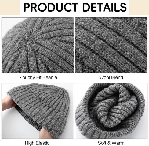Shihanee 3 Pack Warm Wool Knit Beanie Hats for Women Men Slouchy Ribbed Cuffed Winter Hat for Cold Weather Outdoor Ski Sports, Black Dark Gray Beige in Saudi Arabia